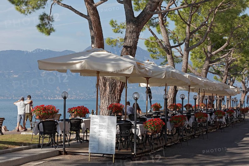Restaurant terrace under pine trees on the lakeshore