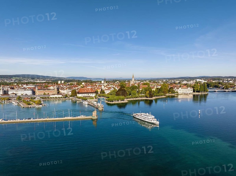 Aerial view of Lake Constance with the harbour of Constance and the departing cruise ship MS Swabia of the Lake Constance-Schiffsbetriebe
