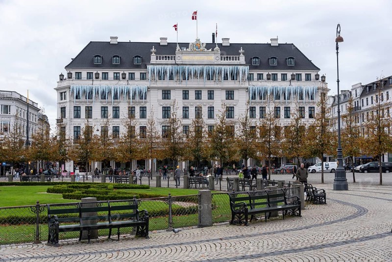 Historic luxury hotel d'Angleterre decorated with winter icicles