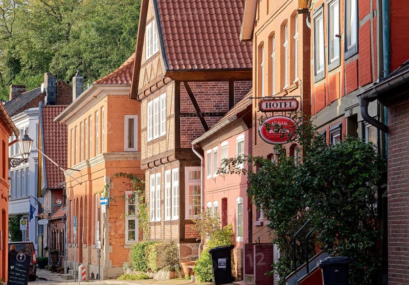 Half-timbered houses on the Elbstrasse in the old town of Lauenburg on the Elbe. Duchy of Lauenburg