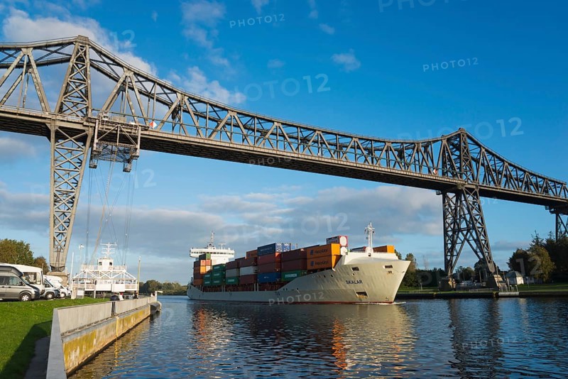 Suspended ferry and ship under the Rendsburg railway high bridge