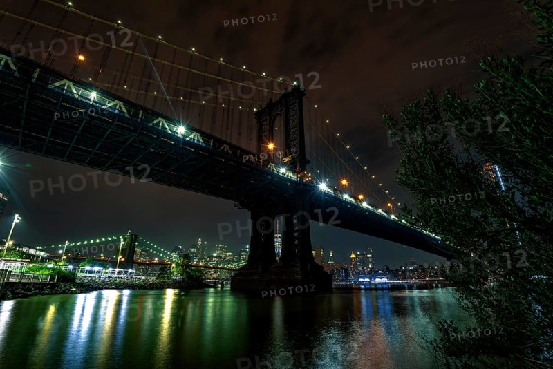 View on Manhattan Bridge from John Street Park at night