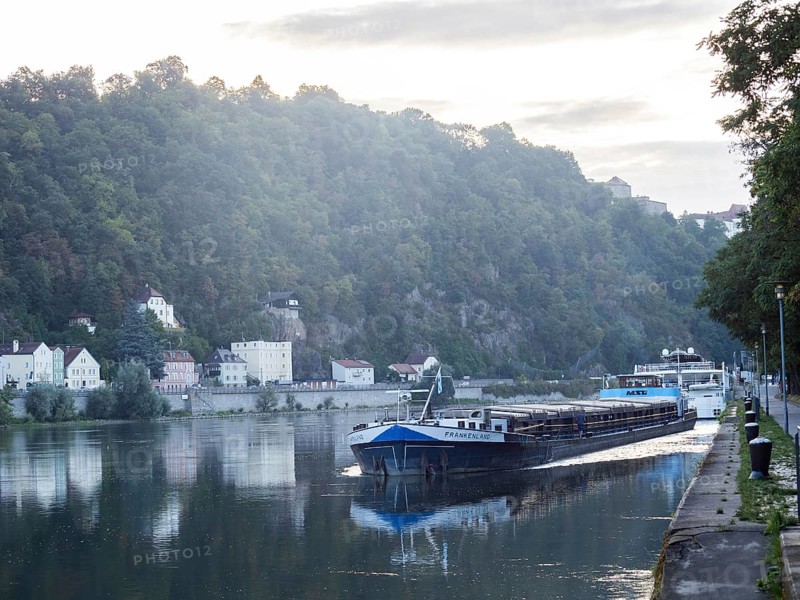 Cargo ship on the Danube in the morning light