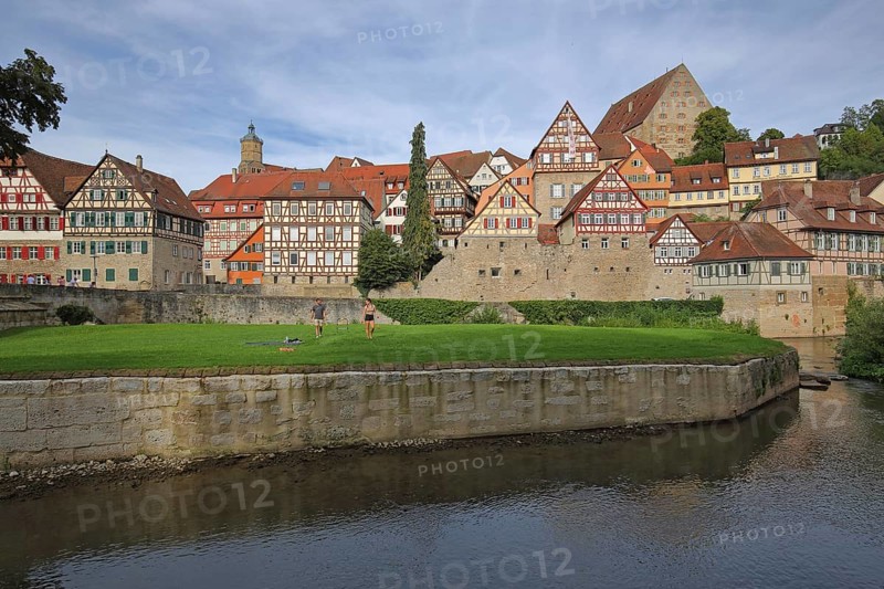 River island Unterwoehrd with Kocher and townscape with half-timbered houses