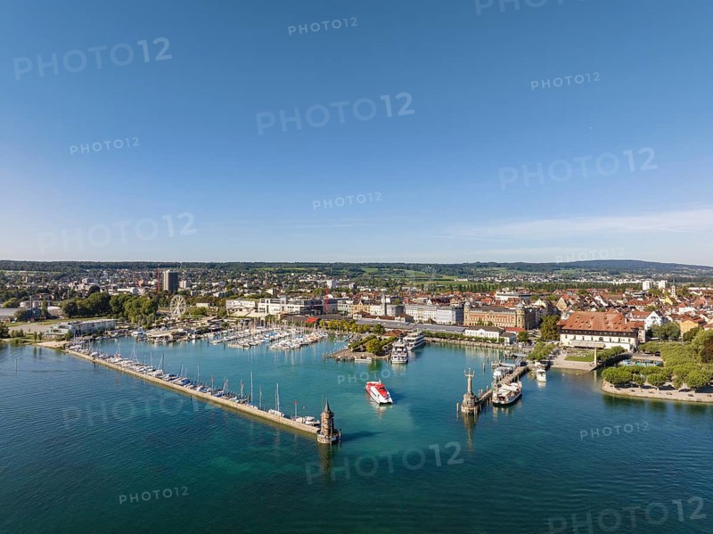 Aerial view of Lake Constance with Constance harbour and the departing motor vessel