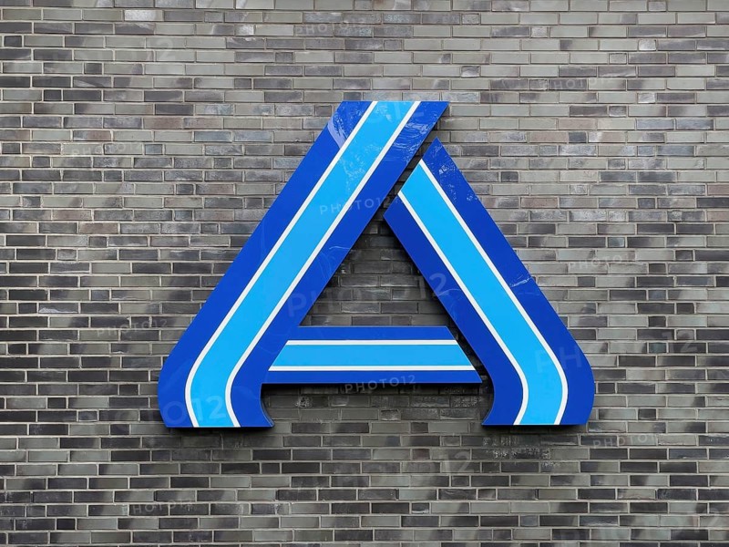 Logo A in blue without lettering on wall of supermarket of retail chain supermarket Aldi Nord