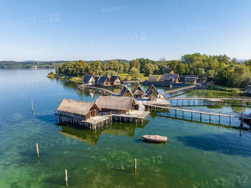 Aerial view of the reconstructed pile dwellings on the shore of Lake Constance