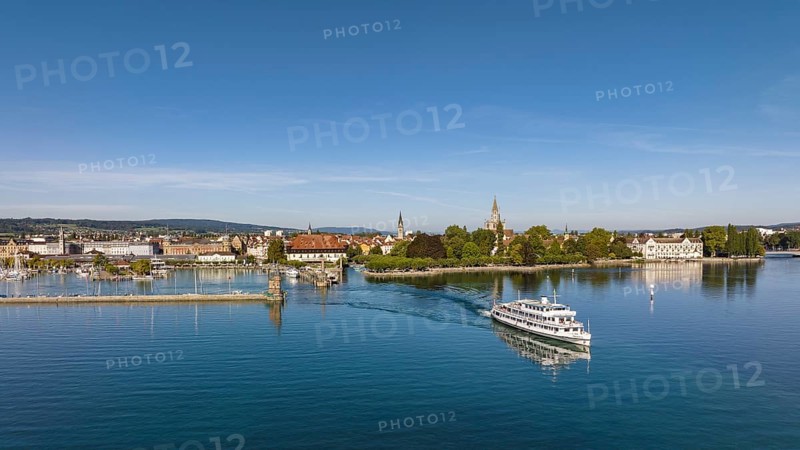 Aerial panorama of Lake Constance with the harbour of Constance and the departing cruise ship MS Swabia of the Lake Constance-Schiffsbetriebe