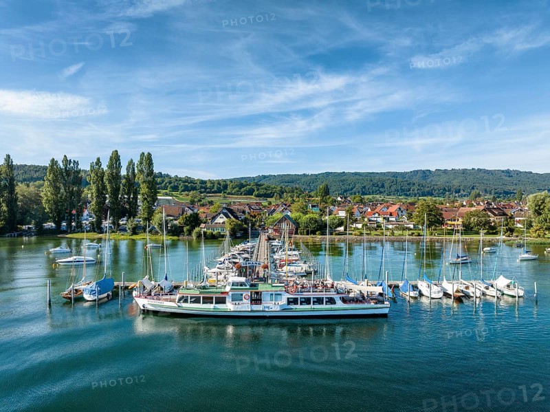 Aerial view of the jetty and marina of the Lake Constance municipality of Iznang on the Hoeri peninsula with the cruise ship MS Reichenau