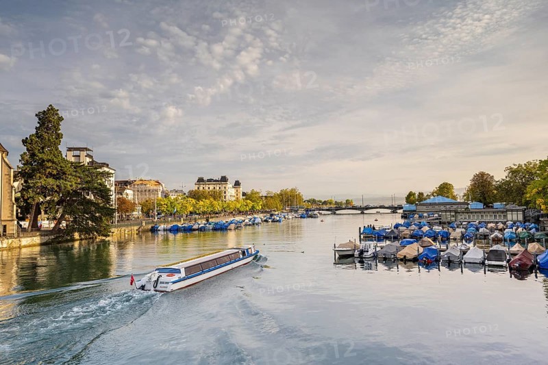 Old Town of Zurich with Quai Bridge and Boats