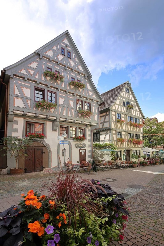 Idyllic half-timbered houses with floral decoration