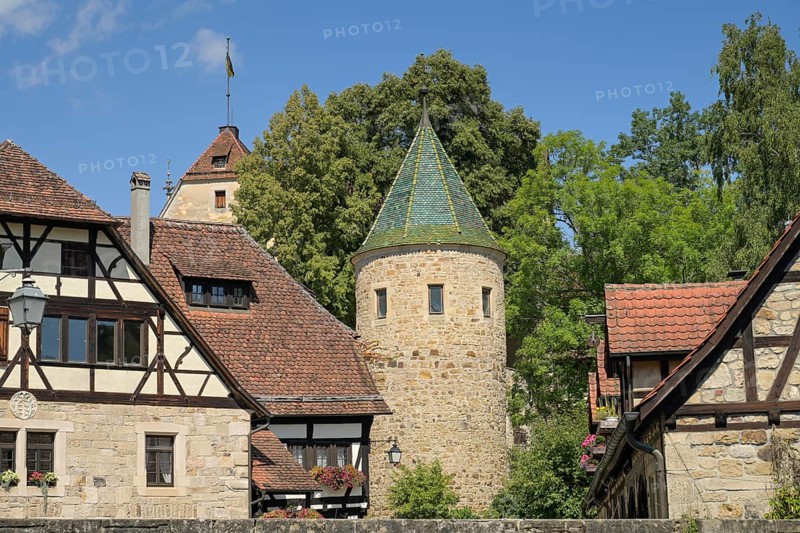 Green Tower and farm buildings below Bebenbausen Monastery