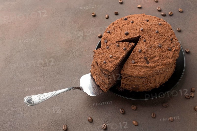 High angle chocolate cake with cocoa powder
