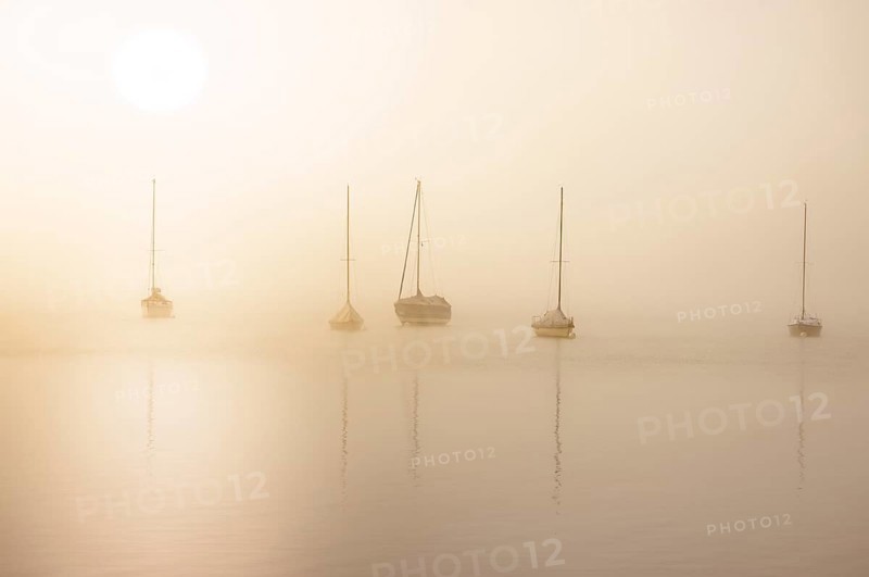 Fog over Lake Constance on an autumn morning with boats