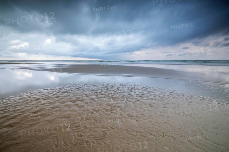 Evening mood with cloudy sky and rain on the beach and in the dunes of De Panne