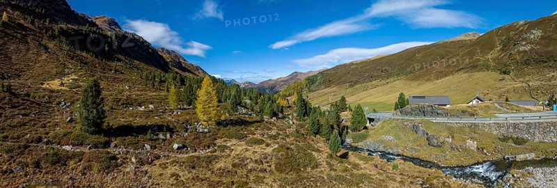 Colourful larches and mountain panorama