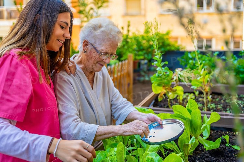 Nurse and elderly woman applying fertilizer to plants in an urban garden at a nursing home