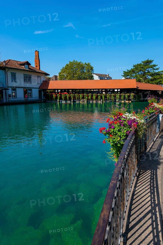 River Aare in City of Thun and Untere Schleuse Bridge in a Sunny Summer Day