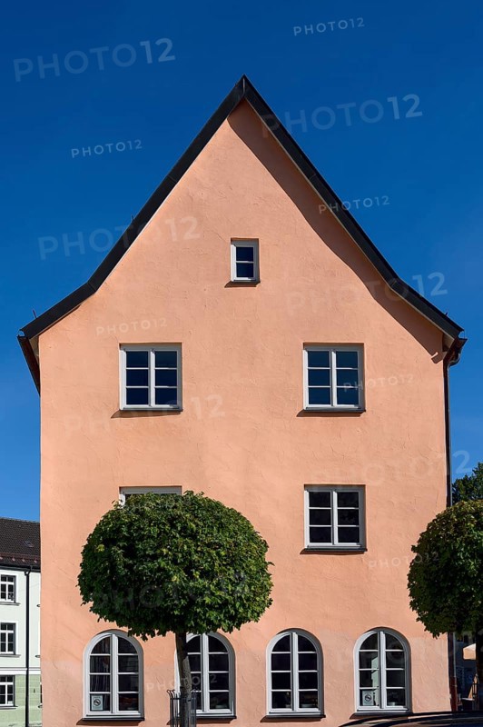 Pointed gable façade in pink with round-cut tree