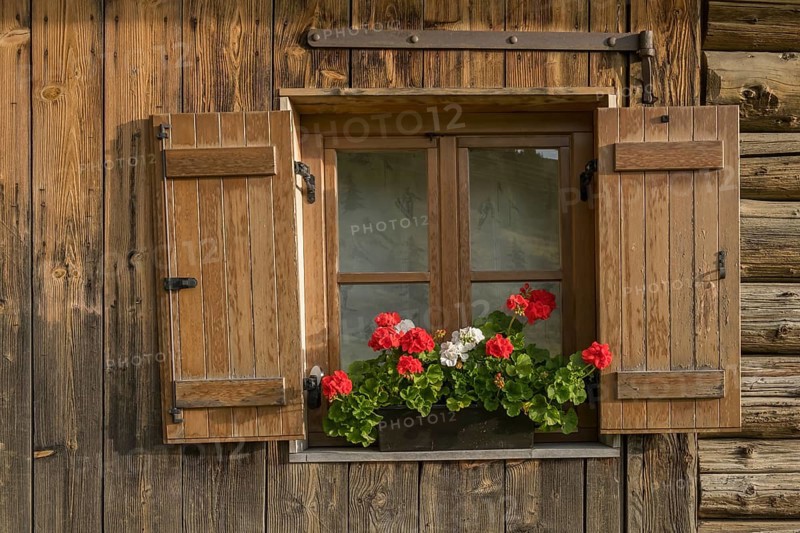 Window with shutters and geraniums at an alpine hut