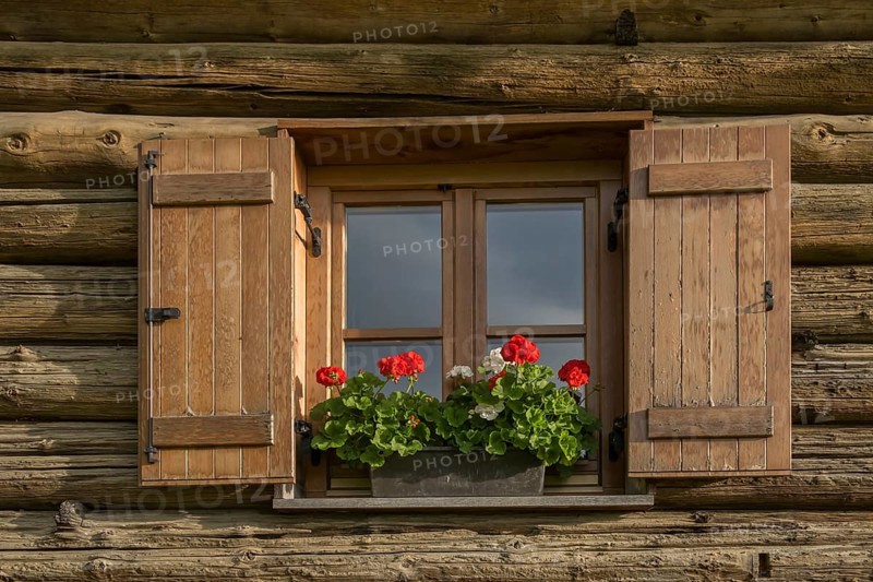 Window with shutters and geraniums at an alpine hut