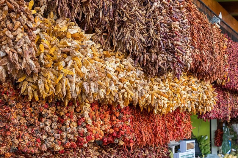 Various red and yellow dried chillies
