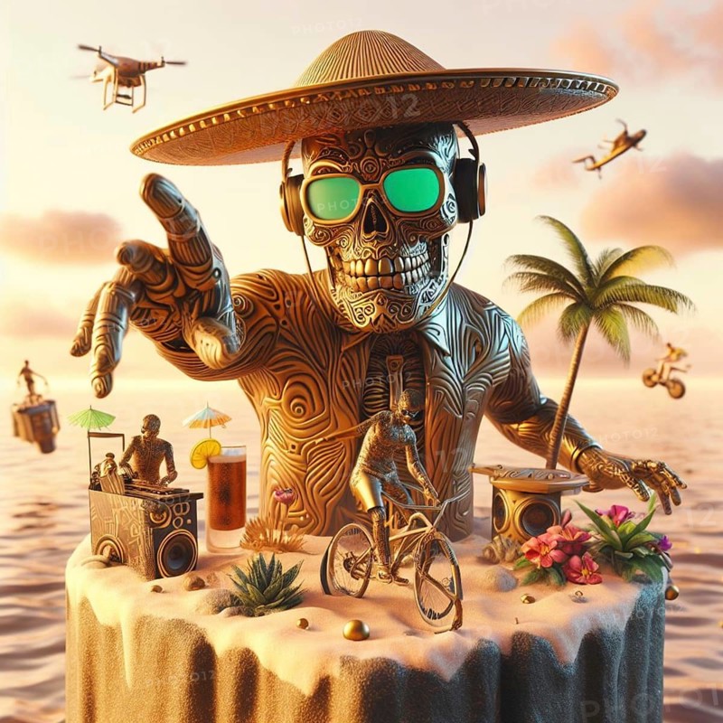 Steampunk skater fashionable cool metallic deejay alien mariachi hosting party in tropical island generative ai art