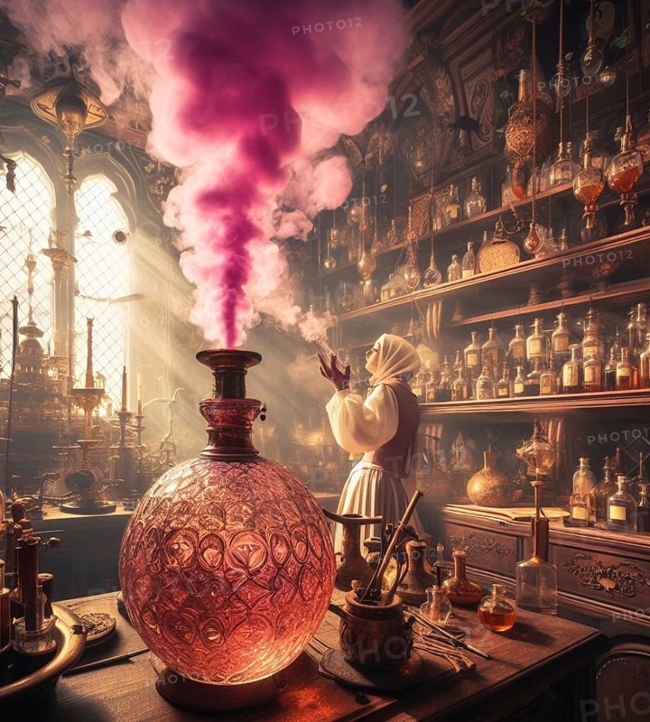 Artisan perfume potion maker pharmacist preparing smoking steam elixir product in medieval steampunk laboratory generative ai art