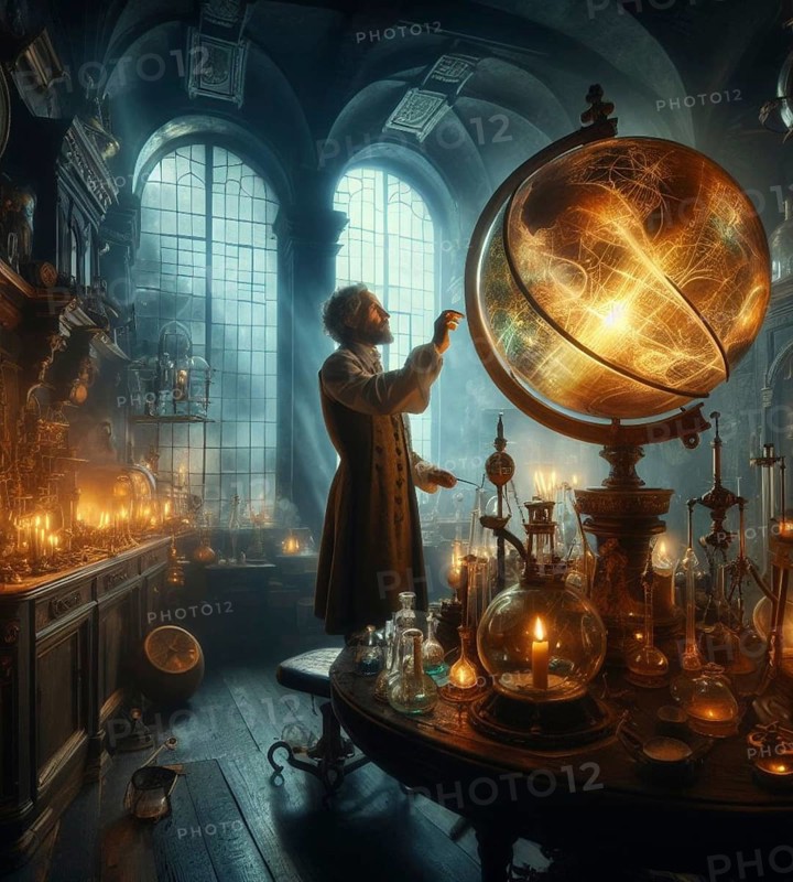 Steampunk magician artisan god mechanic in lab check repair planet health as earth day concept illustration generative ai art