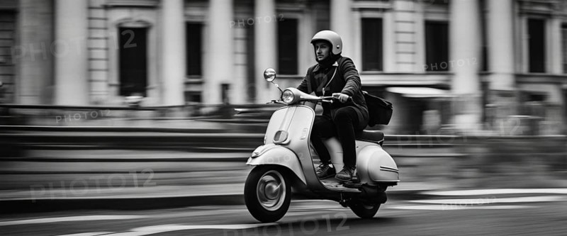 Italian elegant gentle man driving moped vintage scooter in Rome Italy at sunset traditional urban scene