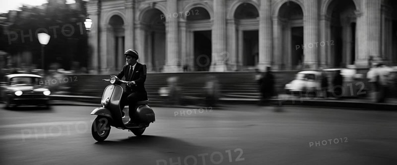 Italian elegant man wearing suit and tie driving moped vintage scooter in Rome Italy at sunset traditional urban scene