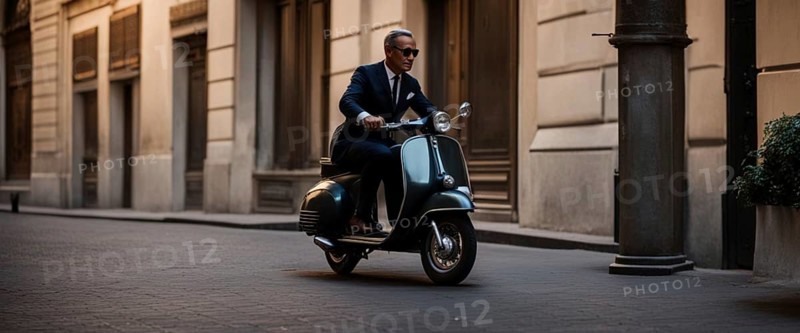 Italian elegant man wearing suit and tie driving moped vintage scooter in Rome Italy at sunset traditional urban scene