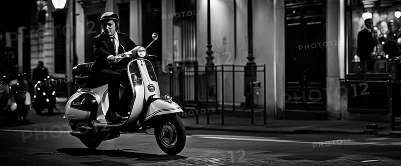 Italian elegant man wearing suit and tie driving moped vintage scooter in Rome Italy at sunset traditional urban scene
