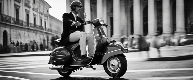 Italian elegant man wearing suit and tie driving moped vintage scooter in Rome Italy at sunset traditional urban scene