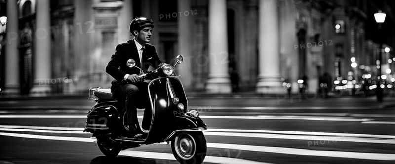 Italian elegant man wearing suit and tie driving vespa moped vintage scooter in Rome Italy at sunset traditional urban night scene