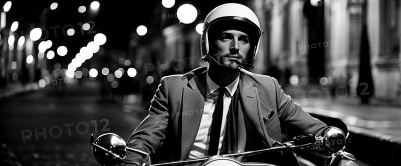 Italian elegant man wearing suit and tie driving vespa moped vintage scooter in Rome Italy at sunset traditional urban scene