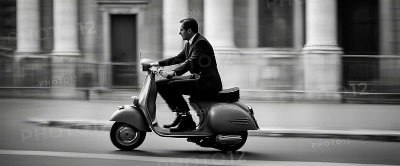 Italian elegant man wearing suit and tie driving vespa moped vintage scooter in Rome Italy at sunset traditional urban scene