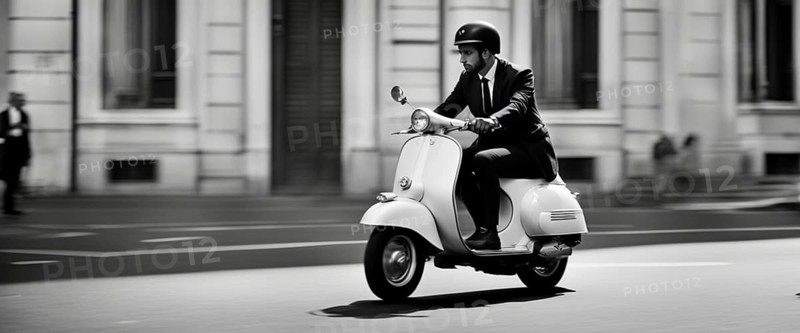 Italian elegant man wearing suit and tie driving vespa moped vintage scooter in Rome Italy at sunset traditional urban scene