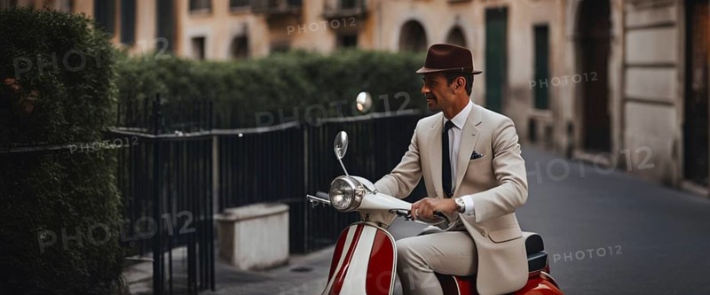 Italian elegant man wearing suit and tie driving vespa moped vintage scooter in Rome Italy at sunset traditional urban scene