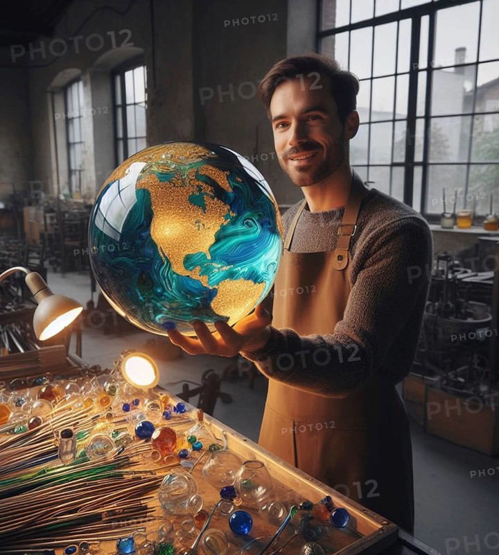 Steampunk magician artisan god mechanic in lab check repair blown glass planet health as earth day concept illustration generative ai art
