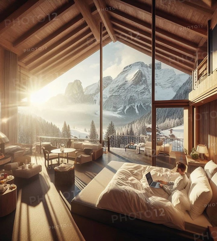 Digital influencer nomad caucasian young man comfortable trade remote work laptop luxury cabin wintertime mountain view generated ai art at sunrise
