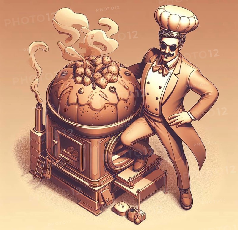 Glamourous chef in steampunk kitchen with windiwn natural light cooking posing dancing singing illustration generated ai art