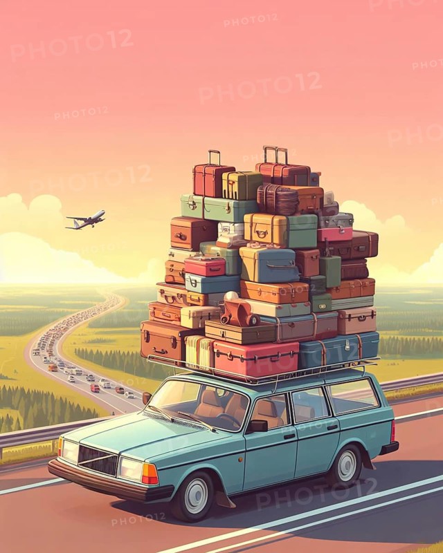 Huge luggage load pile of bags suitcases trolleys and holiday items on vintage 70s 80s vintage retro european swedish station wagon rack roof