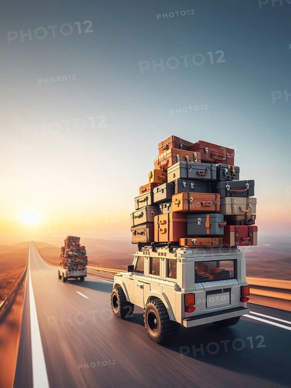 Huge luggage load pile on rack roof of fast flying 4x4 jeep with offroad big wheels