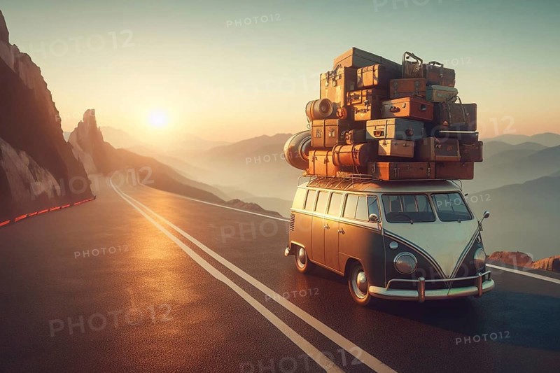 Huge load pile luggage on roof of speeding vintage retro car van t1 german combi transporter