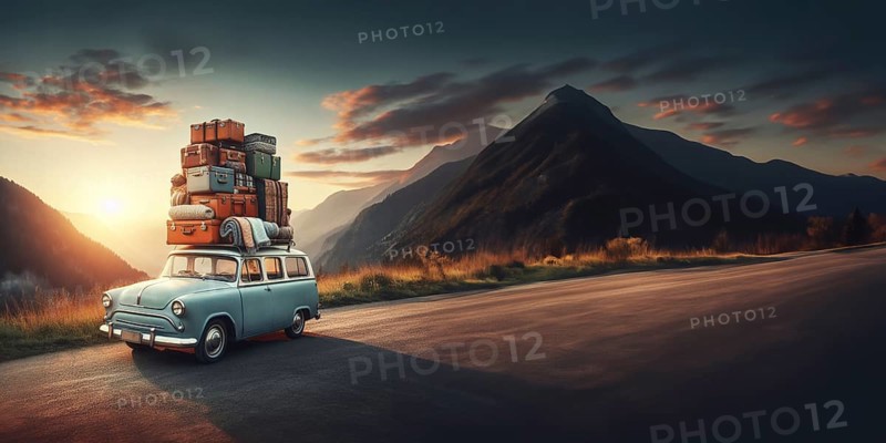 Huge luggage pile on vintage suv station car roof
