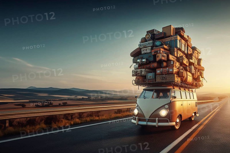 Huge load pile luggage on roof of speeding vintage retro car van t1 german combi transporter