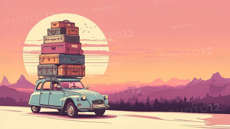 Huge luggage load pile on rack roof of retro vintage romantic old timer french car