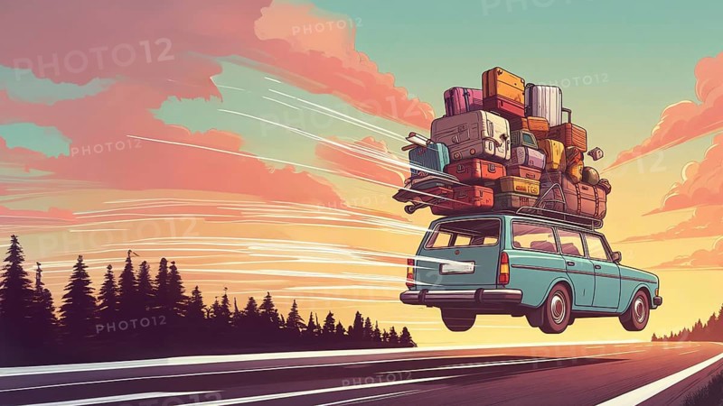 Huge luggage load pile of bags suitcases trolleys and holiday items on vintage 70s 80s vintage retro european swedish station wagon rack roof