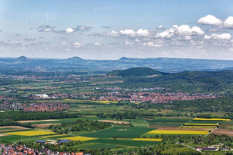 View of the foothills of the Swabian Alb with the Three Imperial Mountains Hohenstaufen